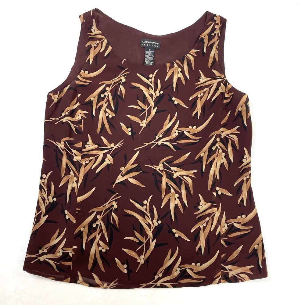 Vintage 90s Liz Claiborne Collection Women's Burgundy Leaf Print Shell Sz 8